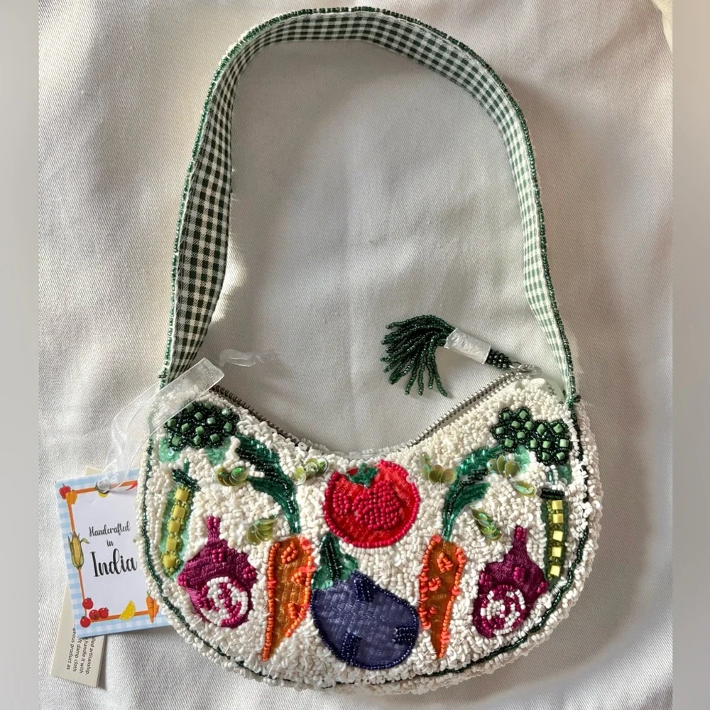 Beaded Vegetable Small Crescent Shoulder Bag Handcrafted In India - Picture 2 of 8